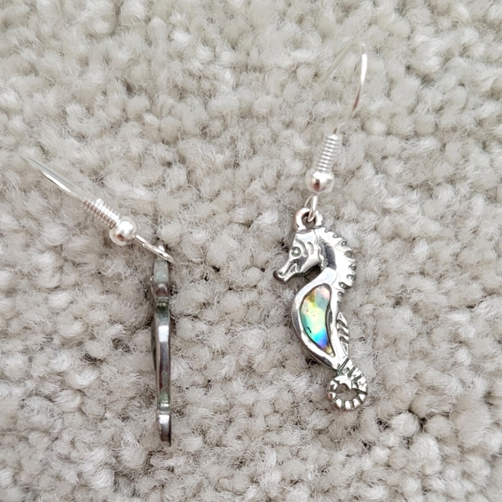 Cute Abalone Seahorse Silver Earrings Seahorse Earrings Silver Dangle Earrings - Picture 5 of 9